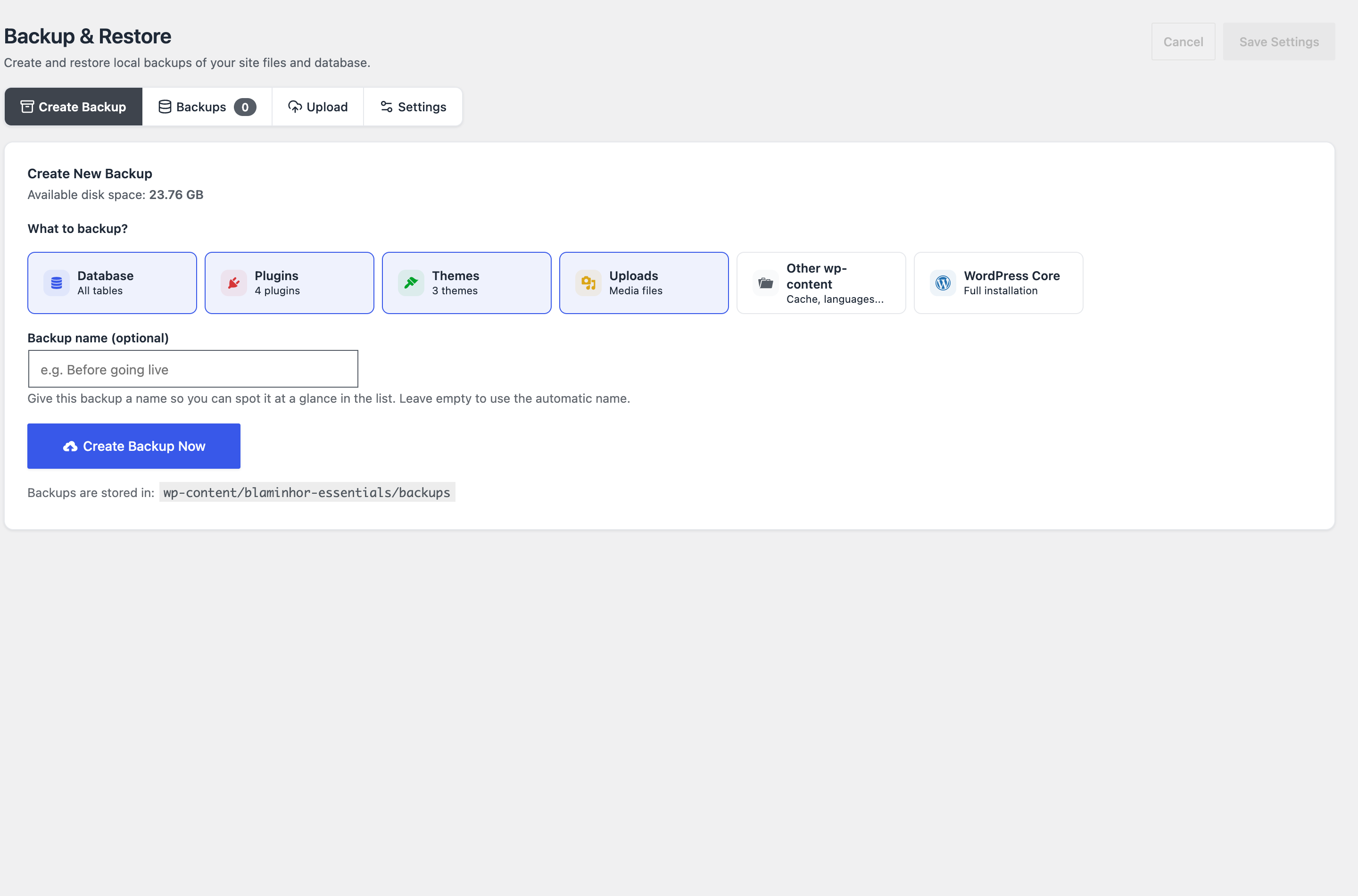 The Backup & Restore module: choose database, plugins, themes and uploads, name the backup and create it, with scheduling and one-click restore.
