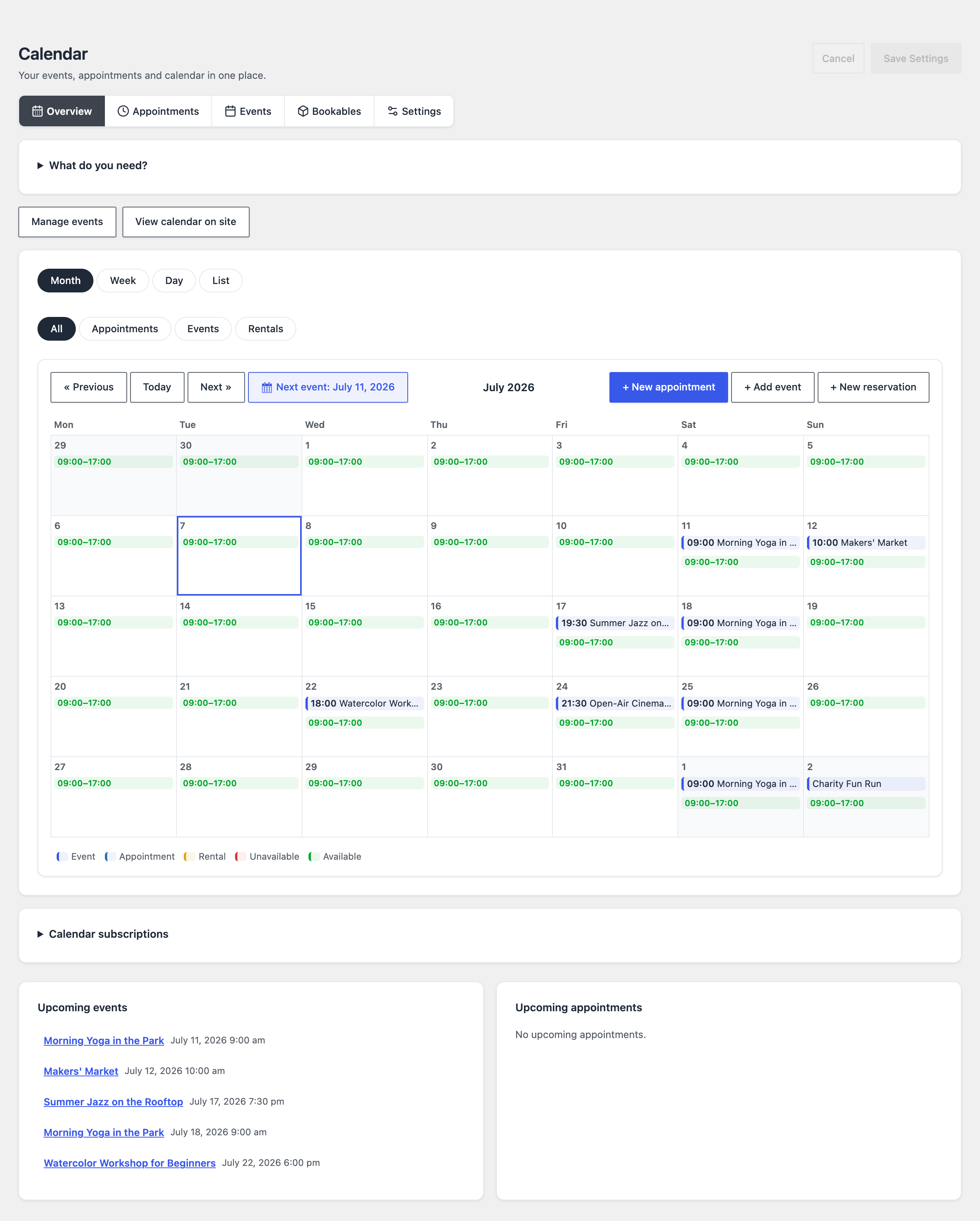 The admin overview: July in month view with events, availability ranges in green, nature filters and the New appointment, Add event, New reservation buttons.