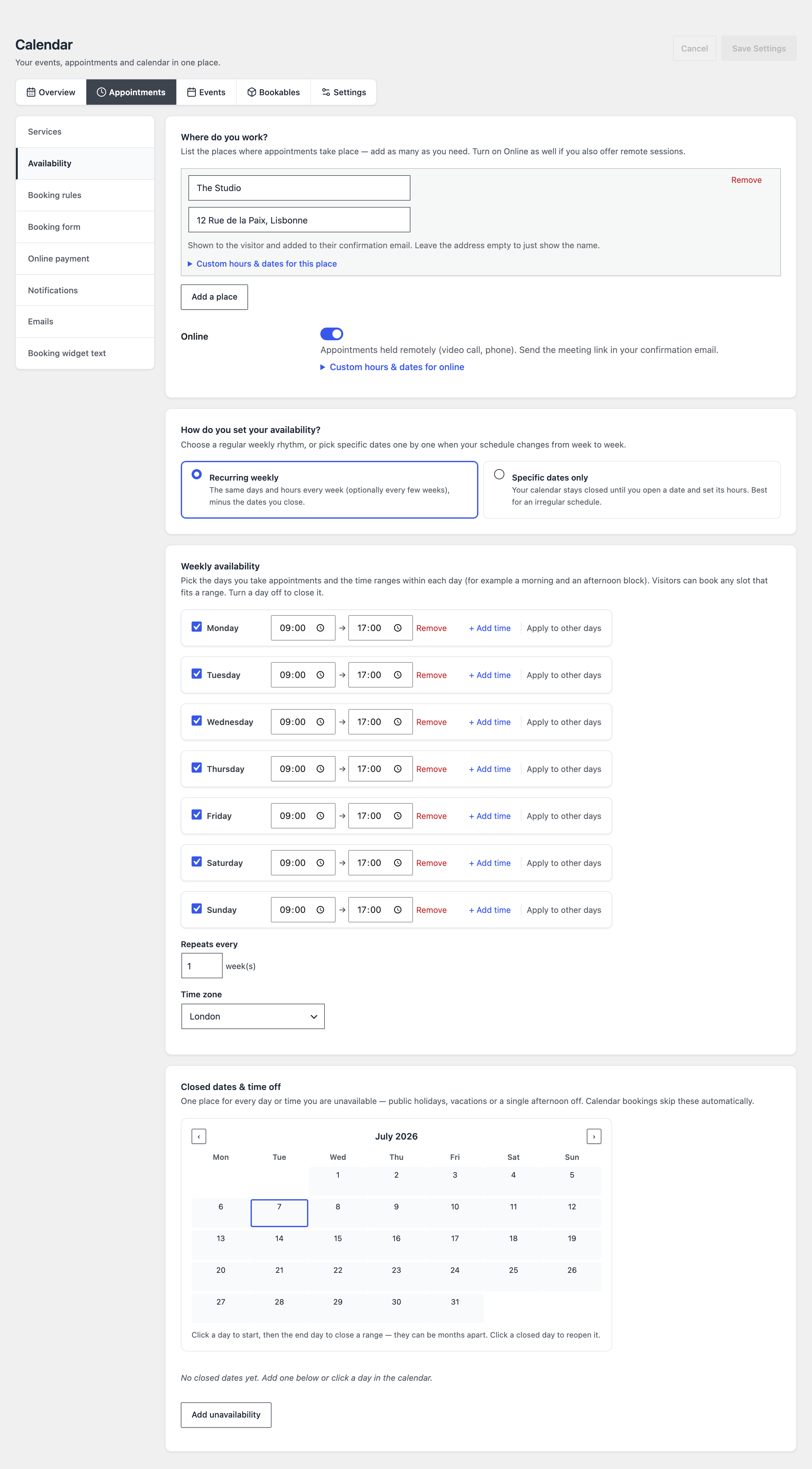 The Availability tab: workplaces, weekly-versus-specific-dates choice, day-by-day hour grid, timezone, and the closed-dates calendar.