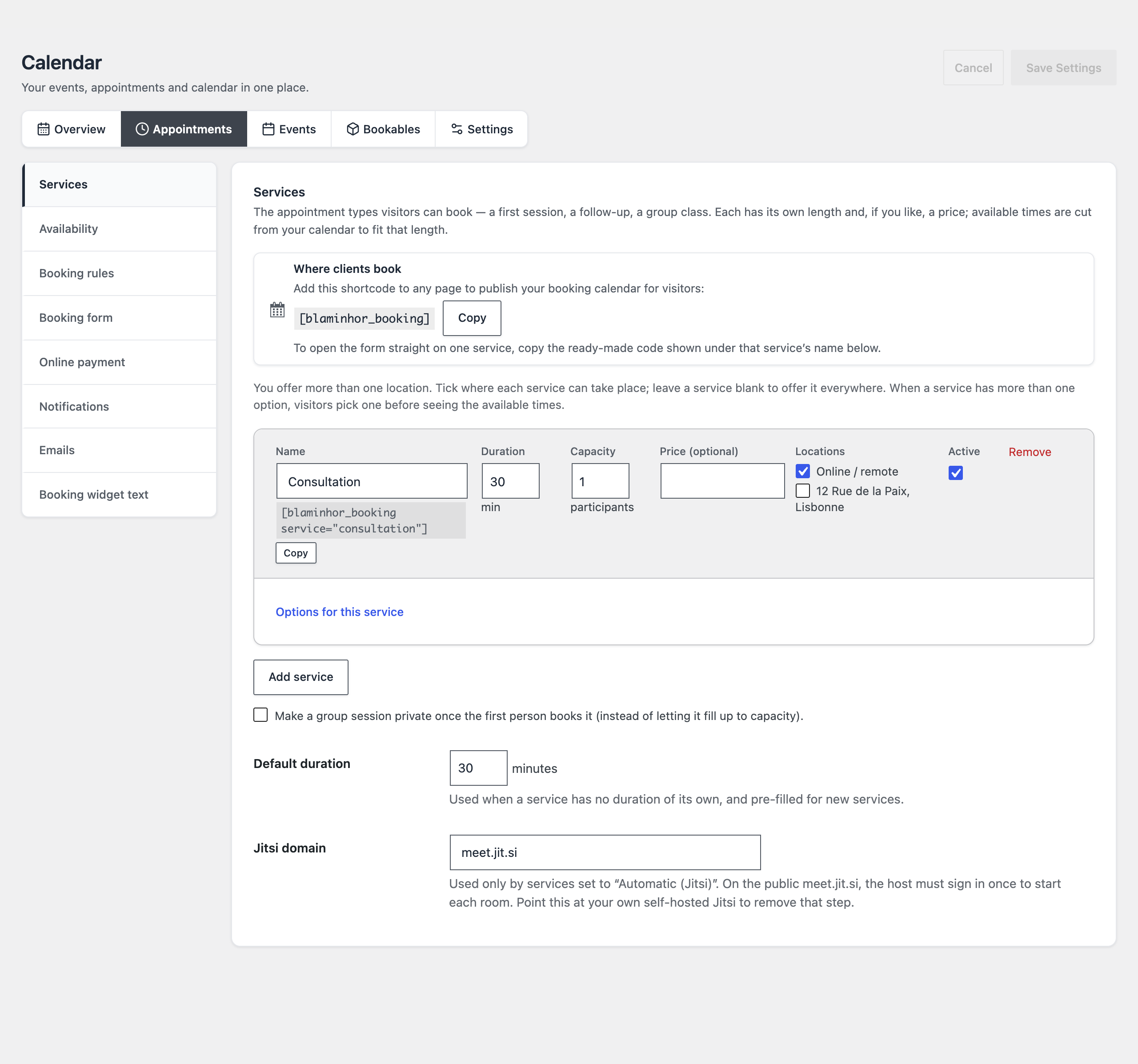 The Appointments tab in the admin: the services list with duration, capacity, price, locations and a ready-to-copy shortcode, plus the default duration and the Jitsi domain.