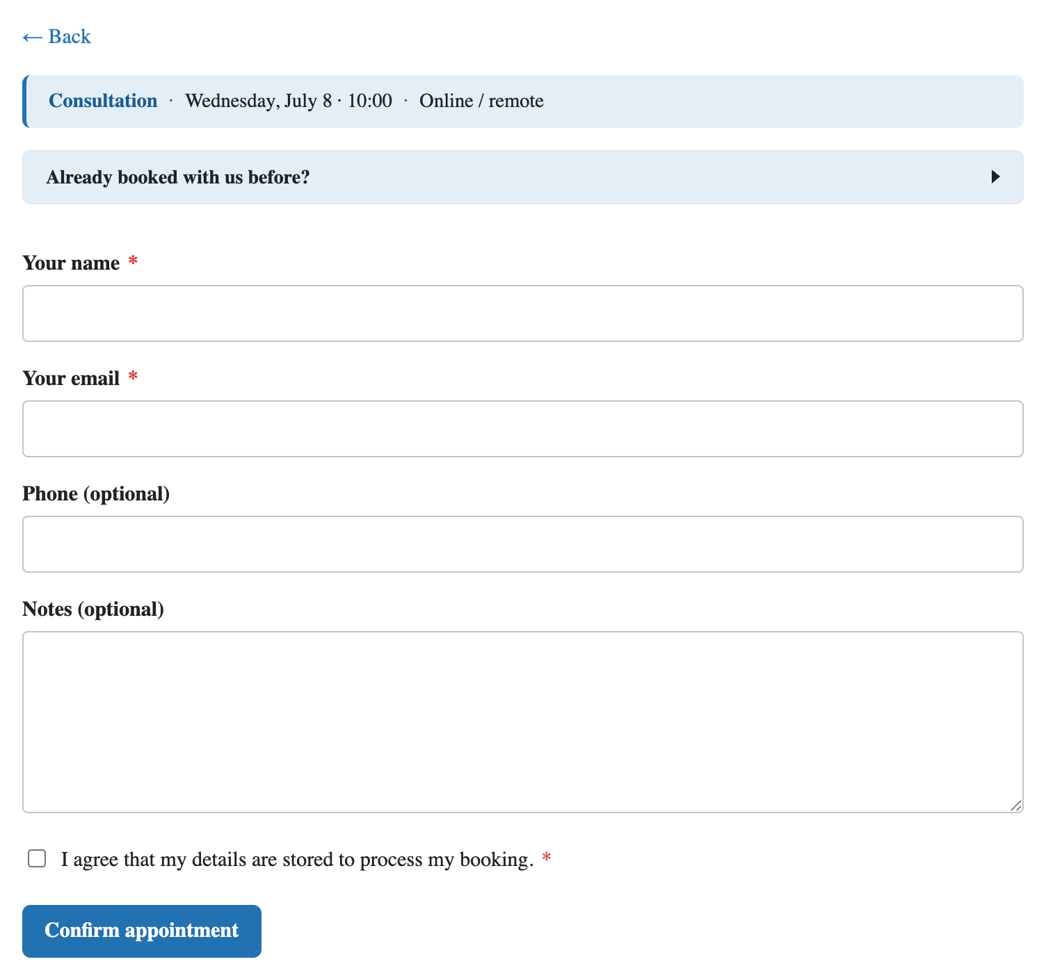 The confirmation step: a summary of the service, date and location, name and email fields, GDPR consent checkbox and the confirm button.