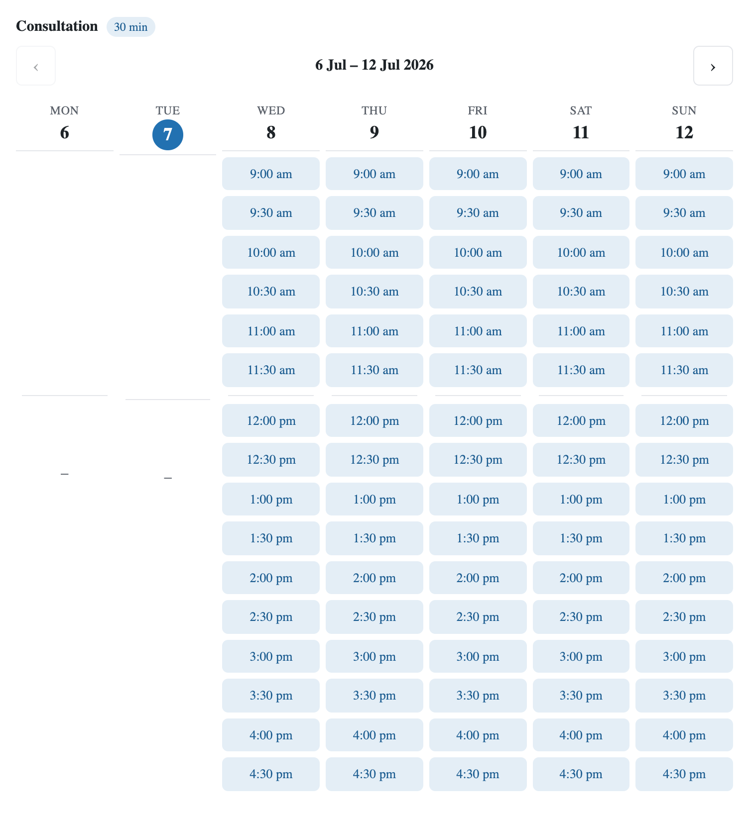 The public booking widget: a week of available slots from 9 am to 5 pm, ready for the visitor to pick.