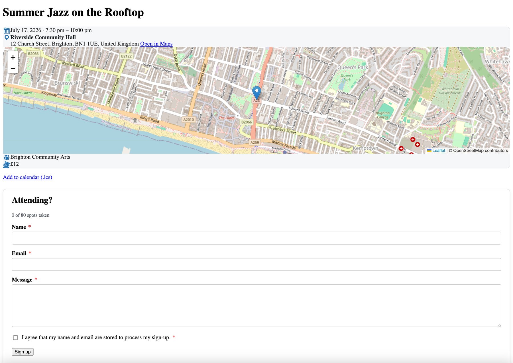 A complete event page: date, venue with an OpenStreetMap map and marker, organizer, cost, .ics link and a sign-up form with seat counter and GDPR consent.