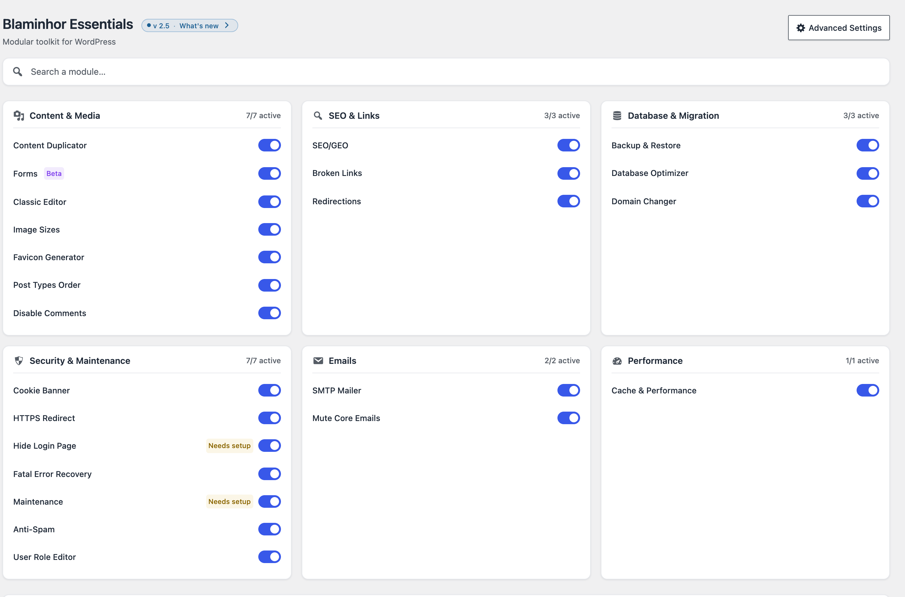 The Blaminhor Essentials dashboard: every module shown as an on/off toggle, grouped into six categories.
