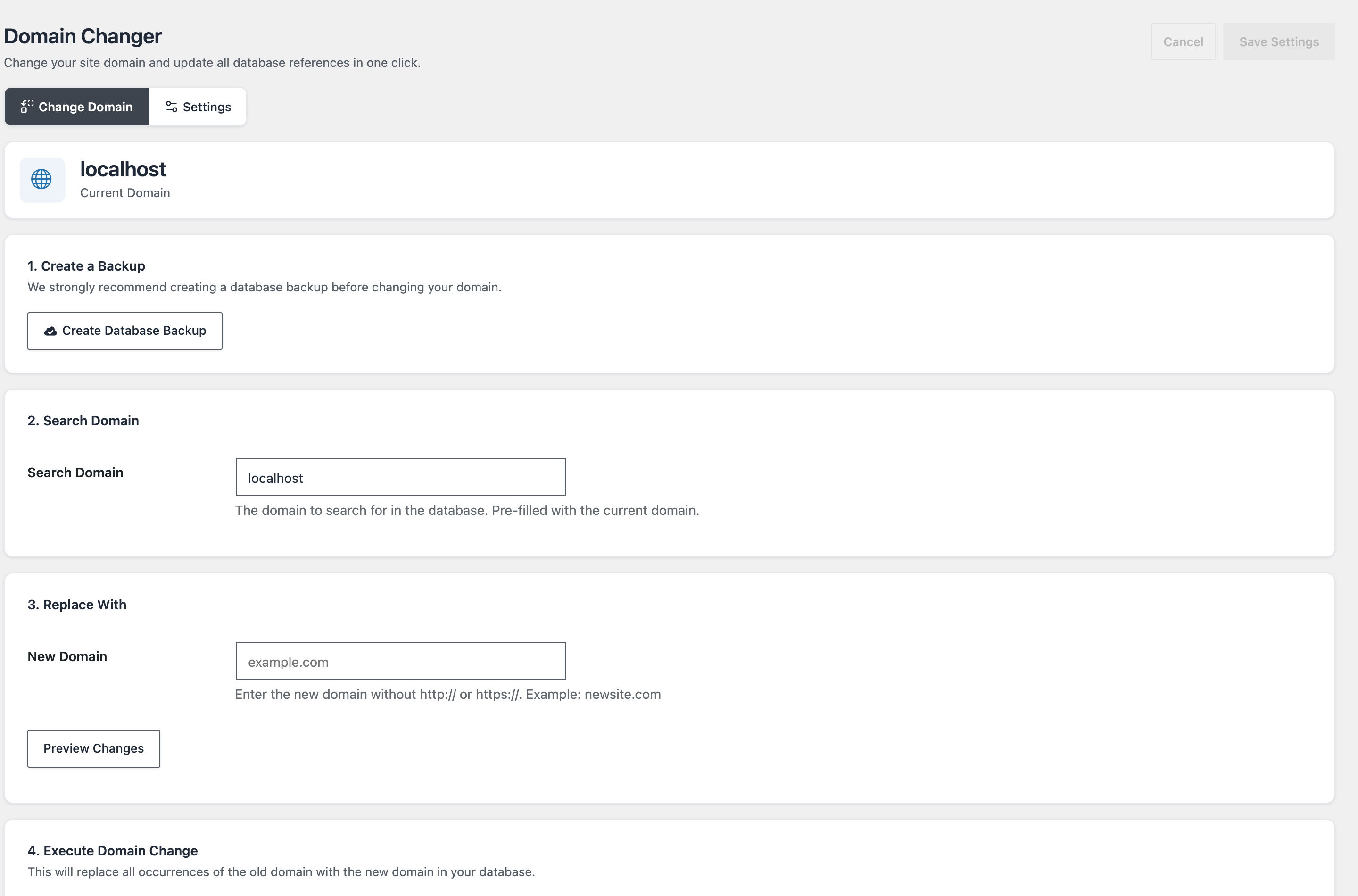 The Domain Changer module: shows the current domain, a search field pre-filled with it, a new-domain field, and a preview step before executing.