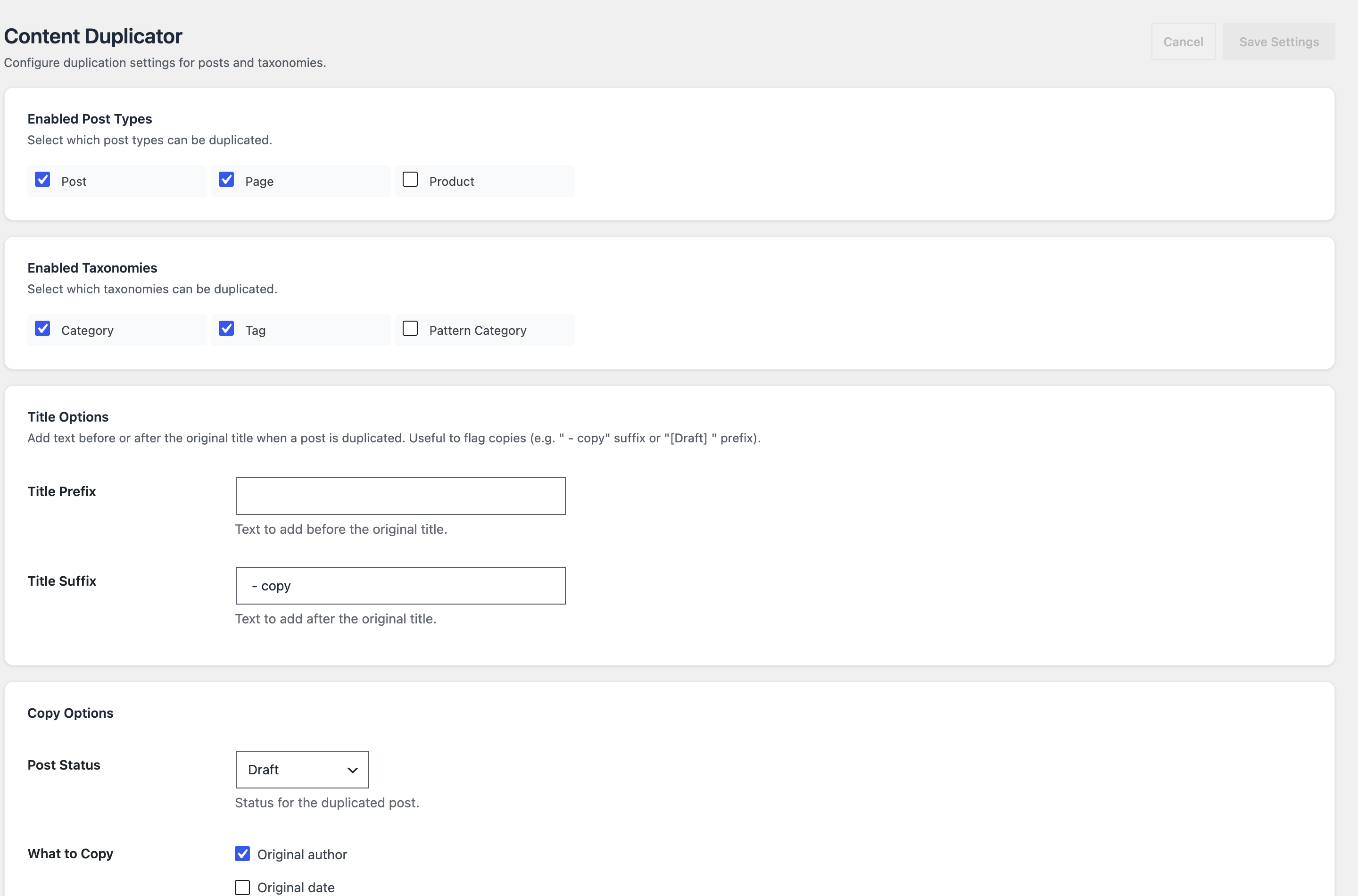 The Content Duplicator module: choose which post types and taxonomies can be duplicated, add a title suffix like "- copy", and set the copy's status.