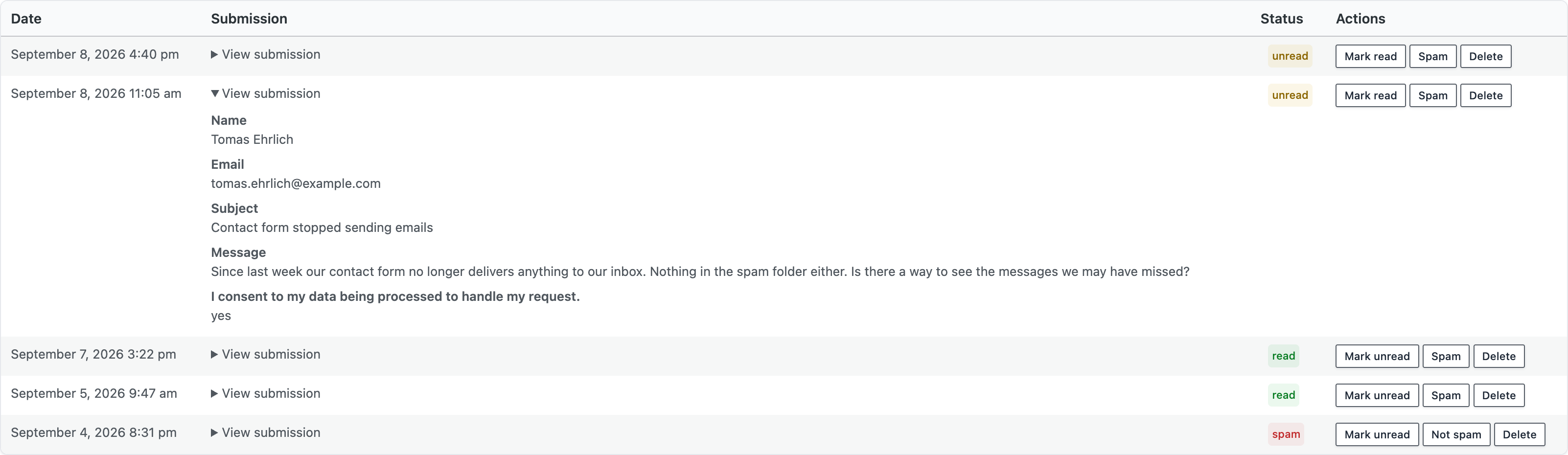 A submission expanded on the Entries screen: name, email, subject, message and the consent label with its answer.