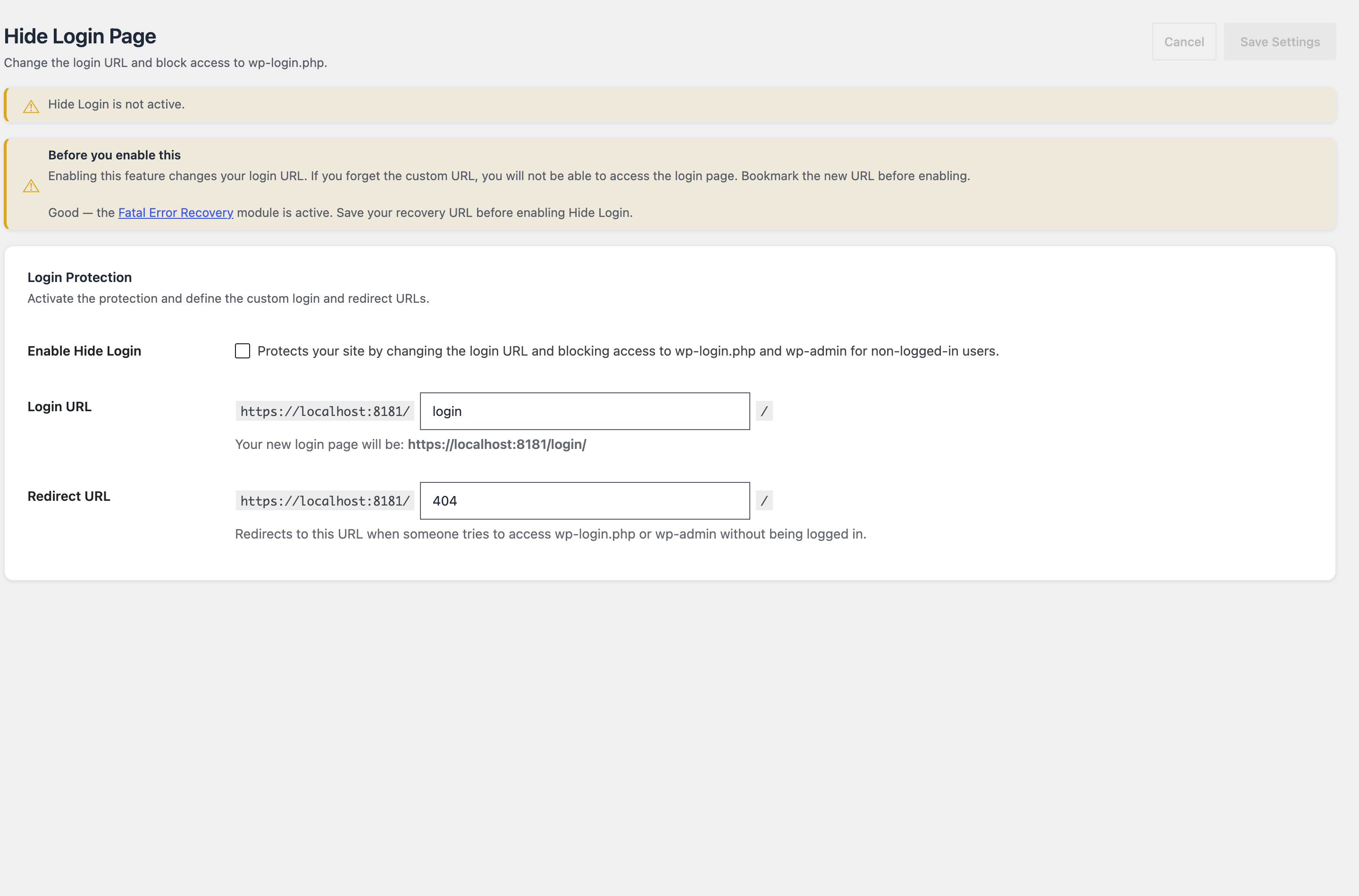 The Hide Login Page module: set a custom login slug and a redirect target for unauthorized visitors, with a reminder to pair it with Fatal Error Recovery.