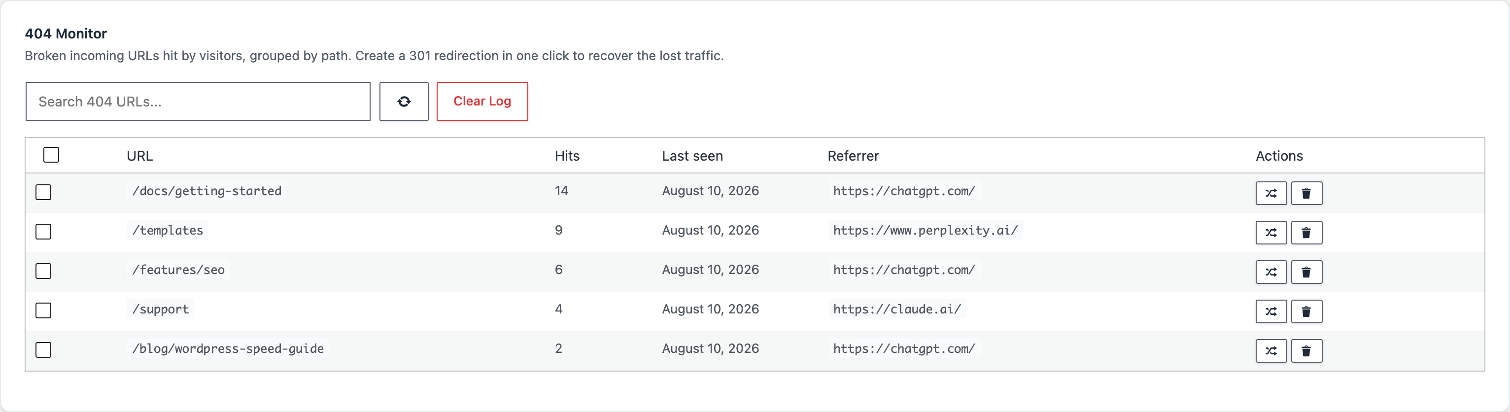 The 404 monitor of Blaminhor Essentials: dead URLs with hit counts and referrers, and a one-click action to turn any of them into a 301.