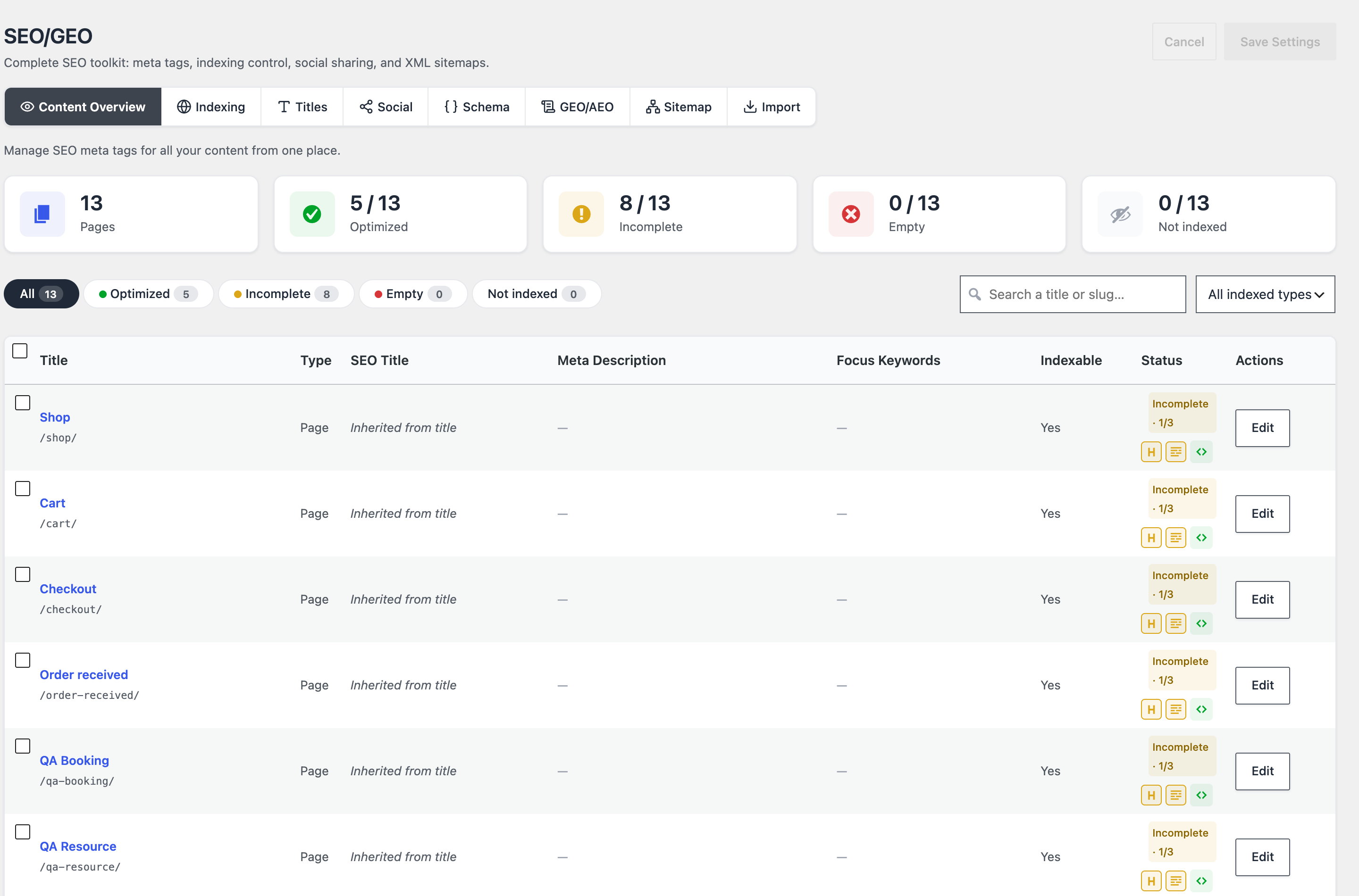 The SEO/GEO module: an overview of every page's optimization status, with counts for optimized, incomplete and empty entries.