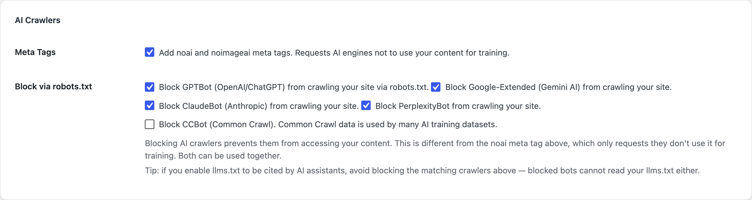 The AI Crawlers section of the SEO module: a checkbox per crawler to block via robots.txt, plus the noai meta-tag toggle.