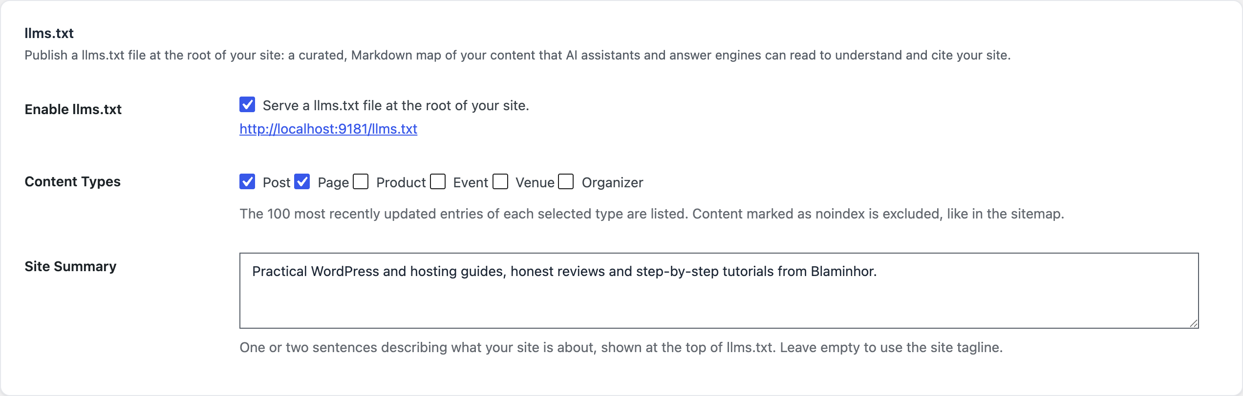 The GEO / AEO tab of the SEO module: the llms.txt toggle with its live URL, content-type checkboxes, and the site summary field.