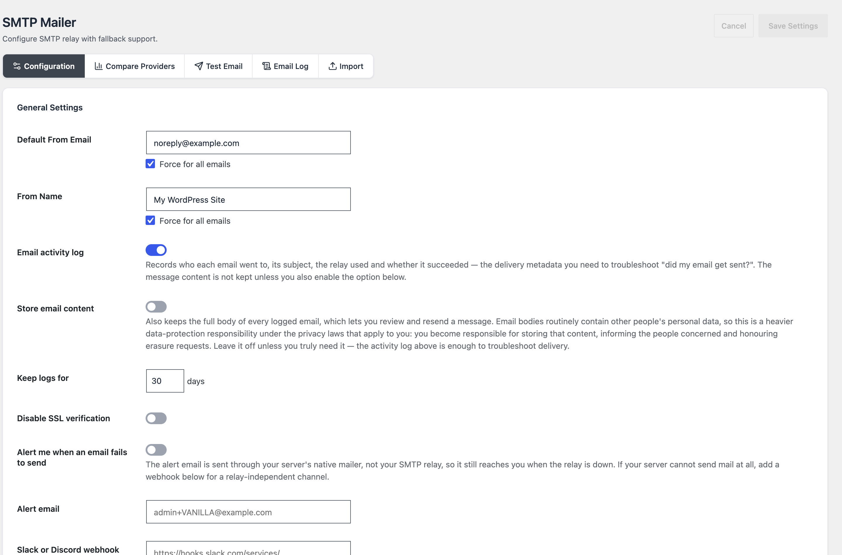 The SMTP Mailer module: from-address settings, delivery logging and a fallback relay, with tabs to compare providers and send a test email.