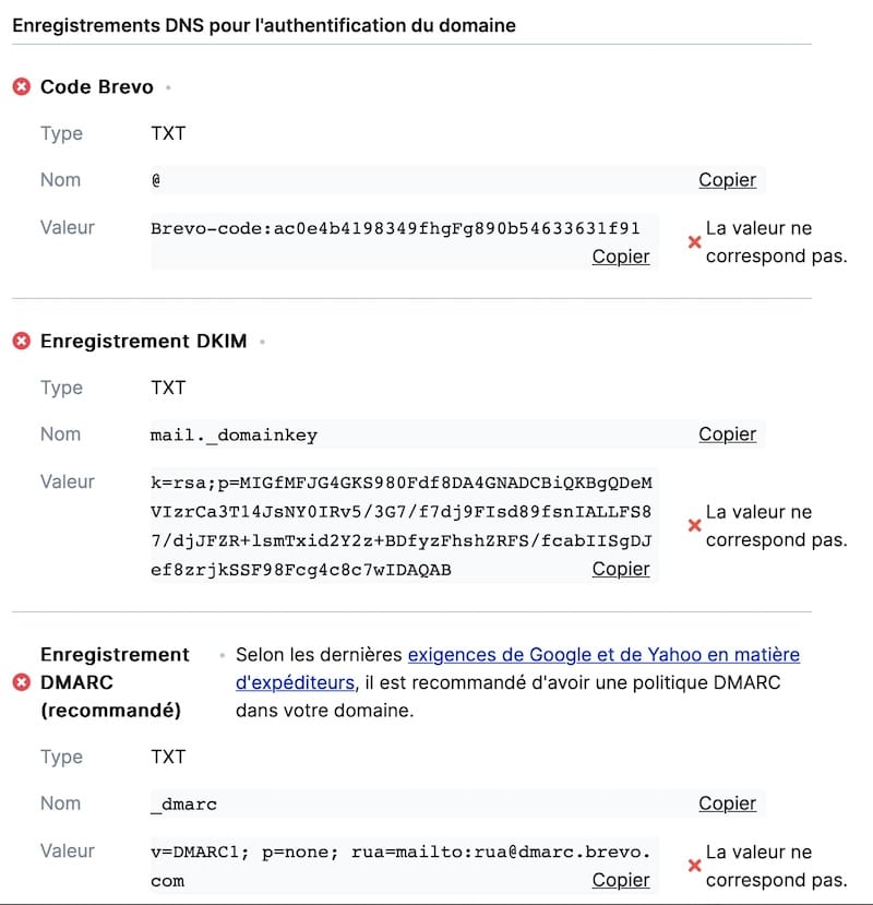 DNS settings requested by Brevo for the WordPress SMTP relay